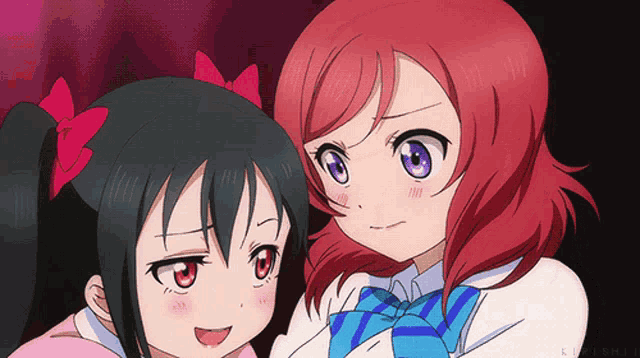 two anime girls with red hair are standing next to each other and one has a red bow in her hair