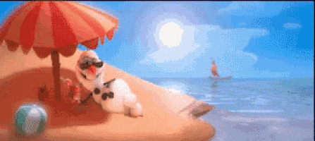 a snowman wearing sunglasses sits under an umbrella on the beach