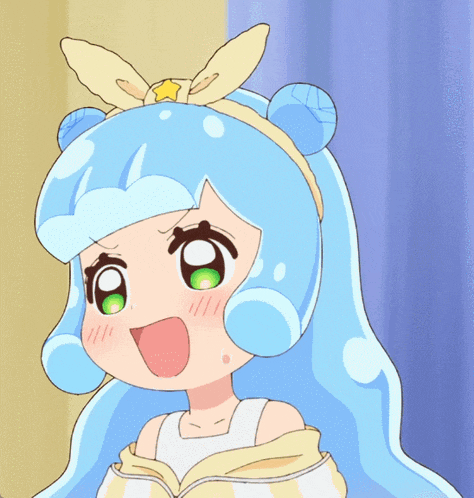 a cartoon character with blue hair and a yellow star on her head