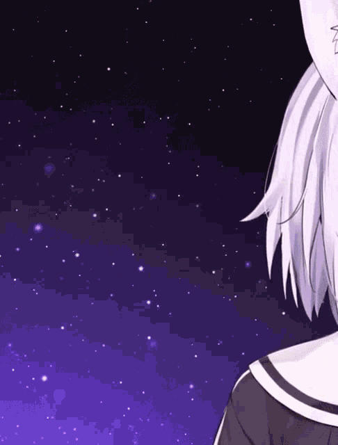 a girl with a cat ear is looking at the stars in the night sky