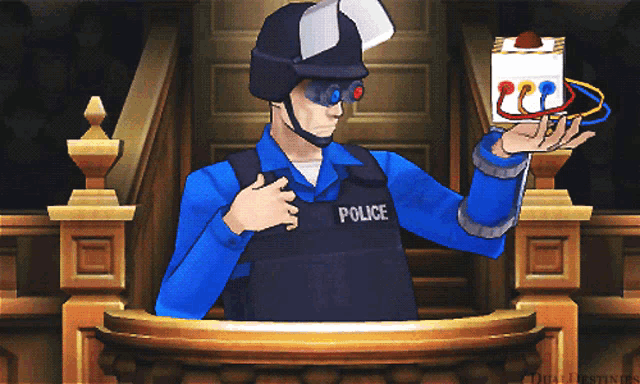 a man in a police uniform is holding a box of pills