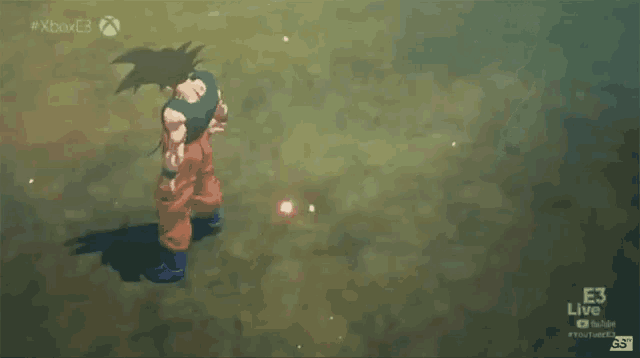 a cartoon character is standing on a rocky surface with the words e3 live behind him