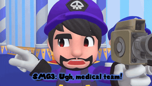 a cartoon character holding a camera with the words smg3 ugh medical team below him
