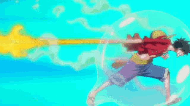 a monkey d luffy from one piece is flying through a bubble with the words red hawk above him .