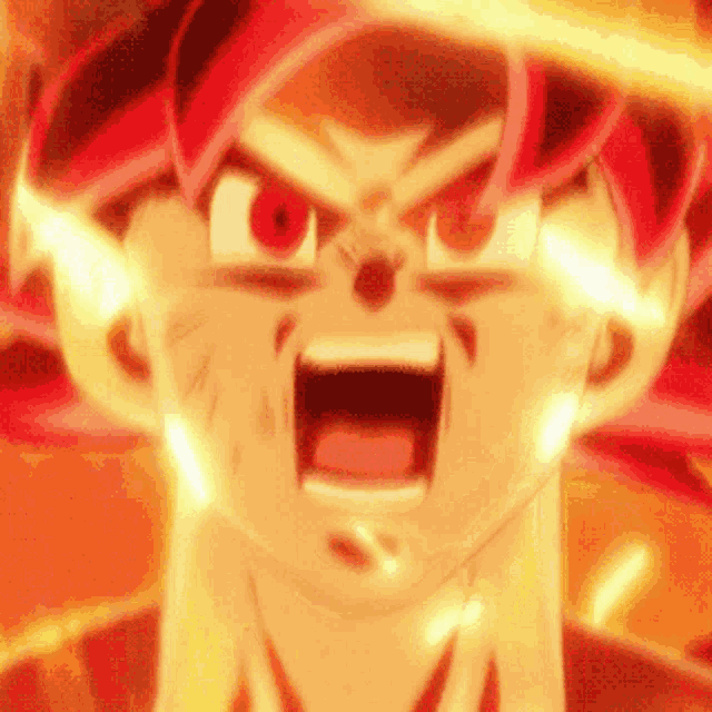 a close up of a cartoon character 's face with red hair and glowing eyes .
