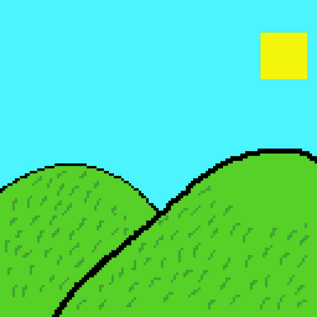 a pixel art drawing of a green hill with a blue sky and a yellow square in the middle