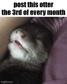 a otter is sleeping on a purple blanket with its mouth open and the words post this otter the 3rd of every month