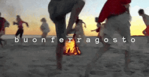 a group of people dancing on a beach with the words buon ferragosto written on the bottom