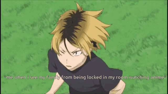a cartoon of a boy with the words " me when i see my family from being locked in my room watching anime " below