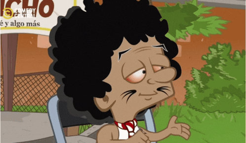 a cartoon character is sitting in front of a sign that says cho y algo mas