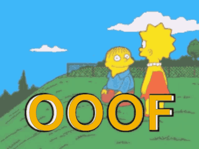 a cartoon of a man and a woman with the word ooof written in yellow