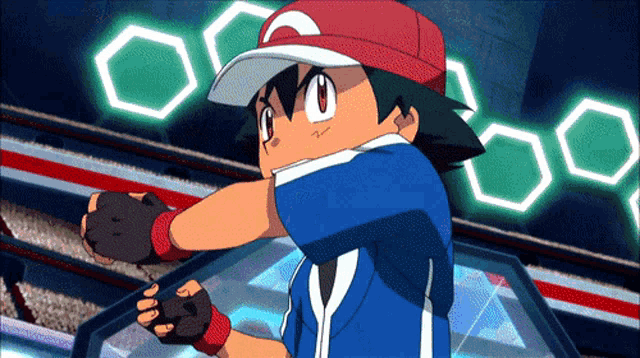 a cartoon character named ash is wearing a red hat and a blue shirt
