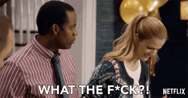 a man and woman are standing next to each other and the man is saying " what the f * ck "