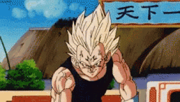 a pixelated image of a cartoon character with chinese writing on a sign behind him