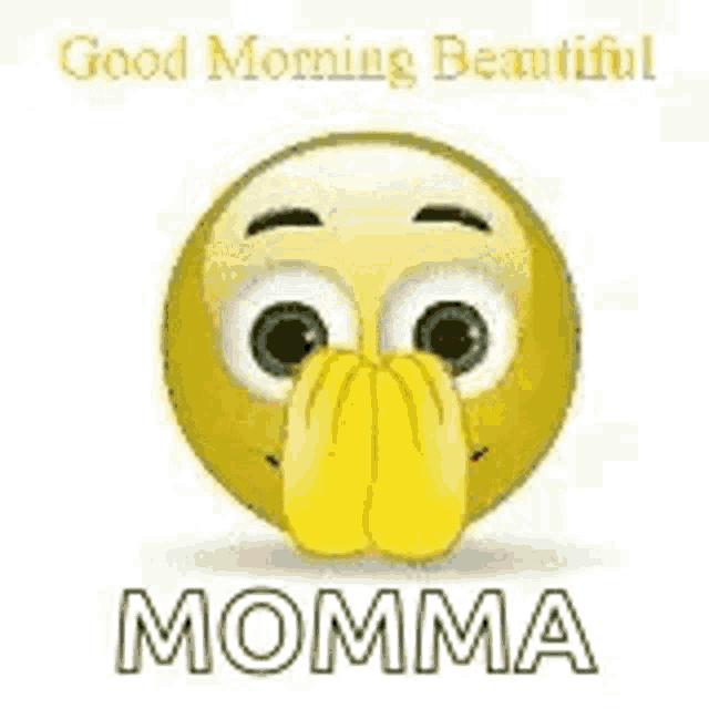 a smiley face with a heart in its mouth is saying good morning beautiful momma .