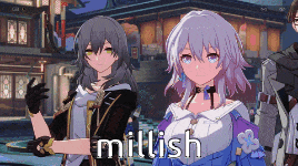 a couple of anime girls are standing next to each other with the word millish written on the bottom