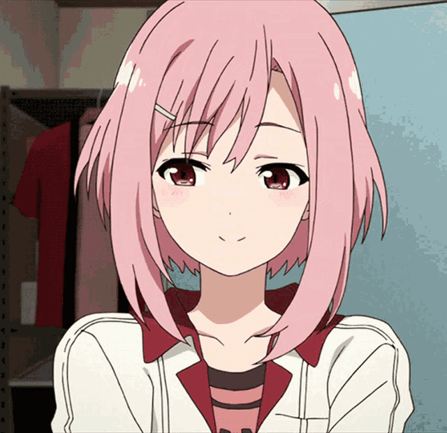 a girl with pink hair and red eyes is wearing a white jacket