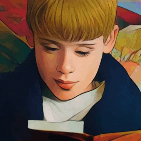 a drawing of a boy reading a book