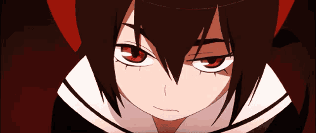 a close up of a girl 's face with red eyes and black hair