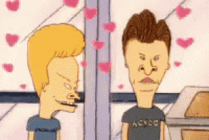 a cartoon of beavis and butthead with hearts in the background