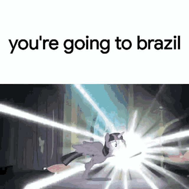 twilight sparkle from my little pony flying through the air with the words you 're going to brazil below her