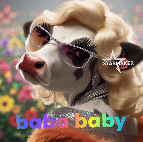a cow wearing sunglasses and a wig with the words baba baby written below it