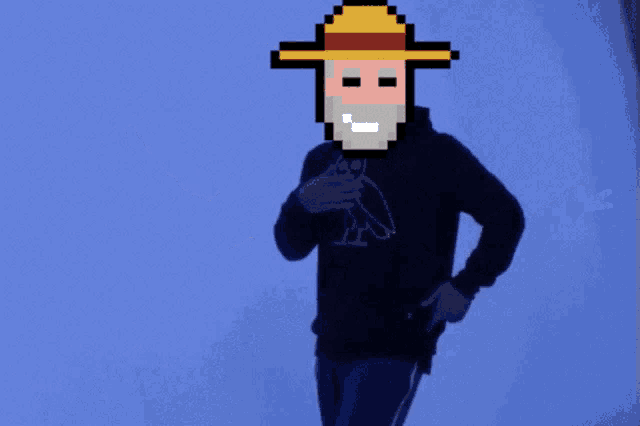 a pixelated man wearing a hoodie with an owl on the front