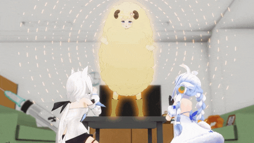 two anime characters are standing in front of a large sheep with horns