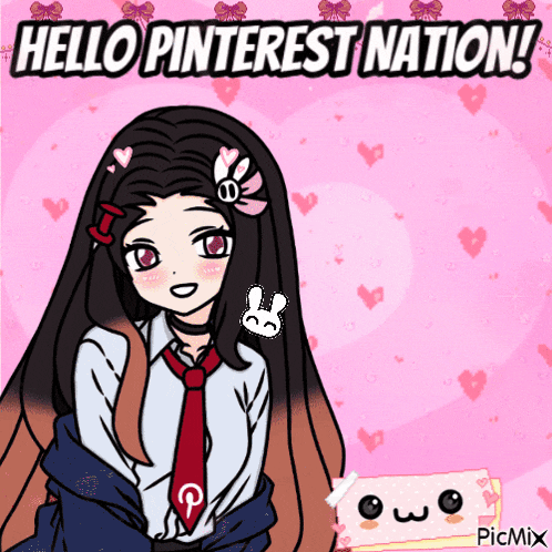 a picture of a girl with the words hello pinterest nation written above her