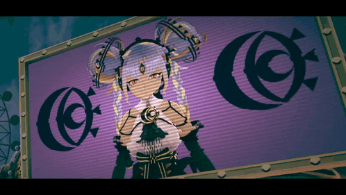 a picture of a girl on a purple background with two circles on it