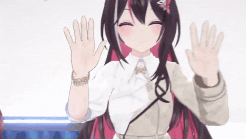 a 3d anime girl with long black hair and red highlights is waving her hands .