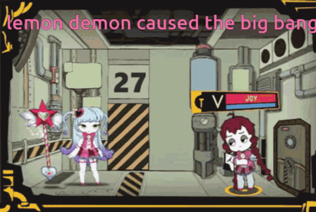 a cartoon of two girls standing next to each other with the words demon demon caused the big bang