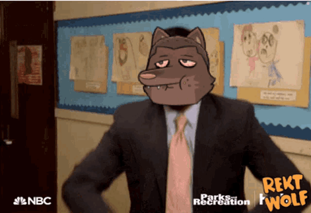 a cartoon of a man in a suit and tie with a wolf head on his head