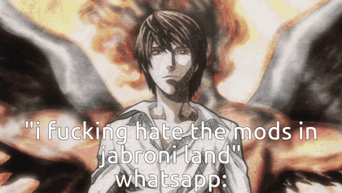 a drawing of a man with wings and the words " i fucking hate the mods in jabroni land whatsapp "