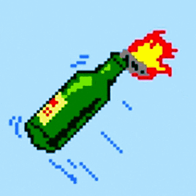 a pixel art drawing of a green bottle with a yellow label