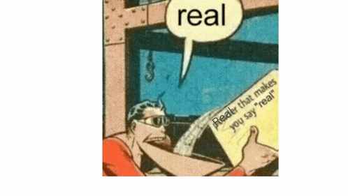 a cartoon of a man reading a book with a speech bubble saying real