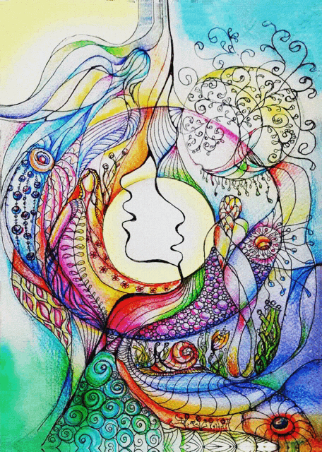 a colorful drawing of a woman 's face with flowers in the background