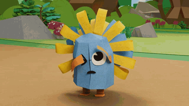 a blue and yellow cartoon character with a bird 's head
