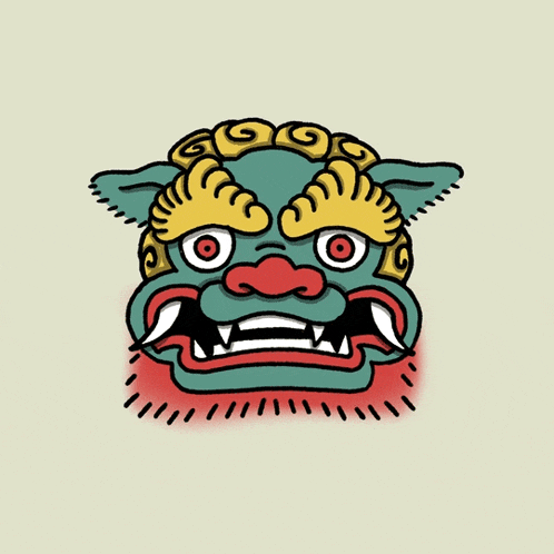 a drawing of a lion 's head with a red nose and teeth