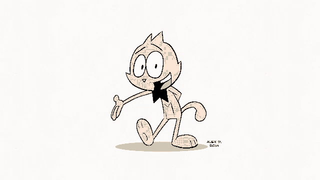 a cartoon drawing of a cat with alex d. written on the bottom right