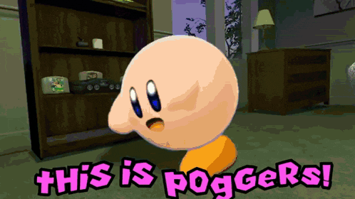 a cartoon character says " this is poggers " in front of a bookshelf