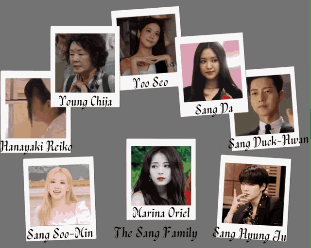 a collage of pictures with the names sang soo-min marina oriel sang hyung ju and sang duck-hwan