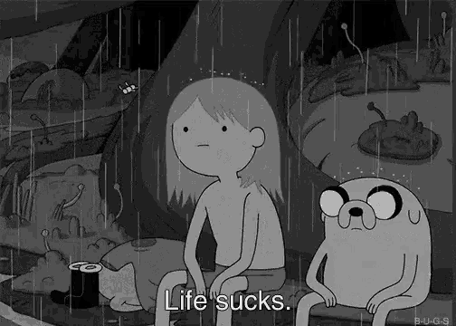 a black and white cartoon of a girl and a dog saying life sucks ..