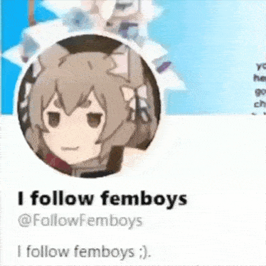 a picture of a girl with a cat ear and the words " i follow femboys " on the bottom