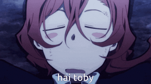 a close up of a person 's face with hai toby written on the bottom