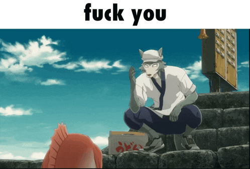 a cartoon of a man squatting down with the words " fuck you " below him