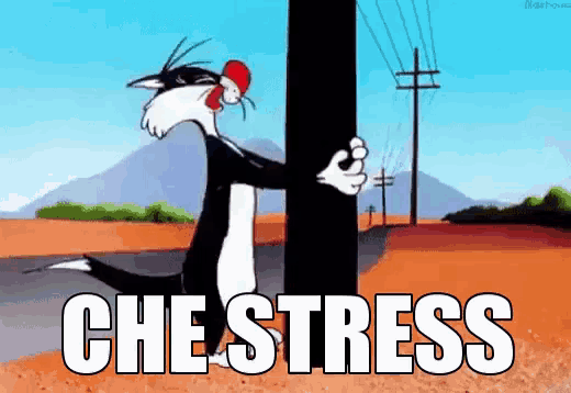 a cartoon of a cat hugging a pole with the word chestress written below it