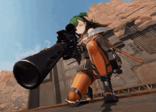 a girl with green hair is kneeling down holding a gun