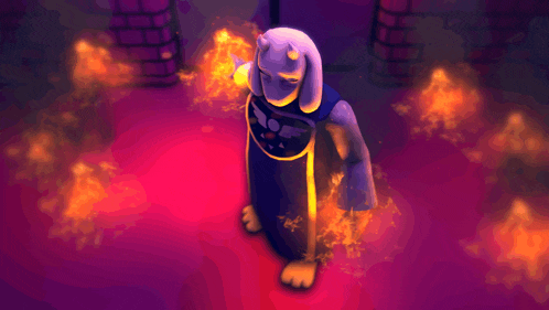 a cartoon character with horns is surrounded by flames and smoke