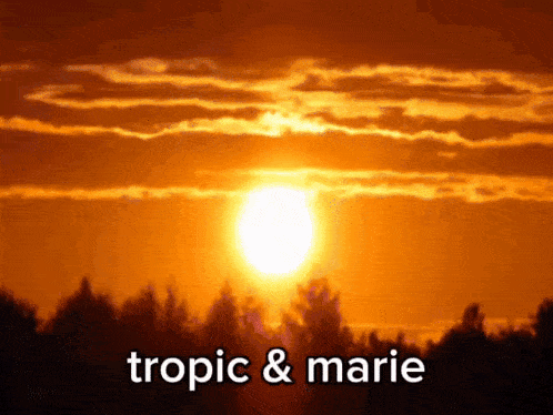 a picture of a sunset with the words tropic & marie on the bottom